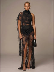 Black draped lace maxi dress