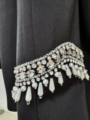 Black Embellished Stand Collar Jacket and Wide Leg Pants Suit
