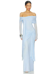 Off shoulder draped mesh long sleeve maxi dress