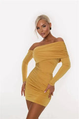 Yellow one shoulder ruched mini dress