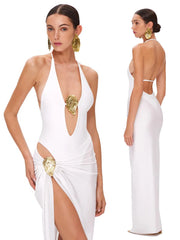 Women’s deep V-neck swimsuit with matching skirt and high-leg design.