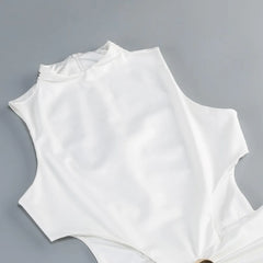 White Satin Cut-out Mock Neck Ruched Maxi Dress