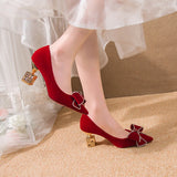 Bowtie Pumps Crystal Pointed Toe Red Bridal Shoes