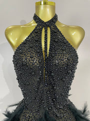 Beaded Feather Halter Sequin Mini Dress