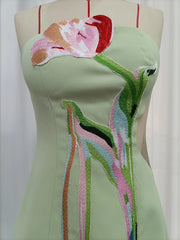 Green Strapless Flower Appliqu�� Mini Dress