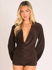 Brown draped cowl neck long sleeve top and shorts set