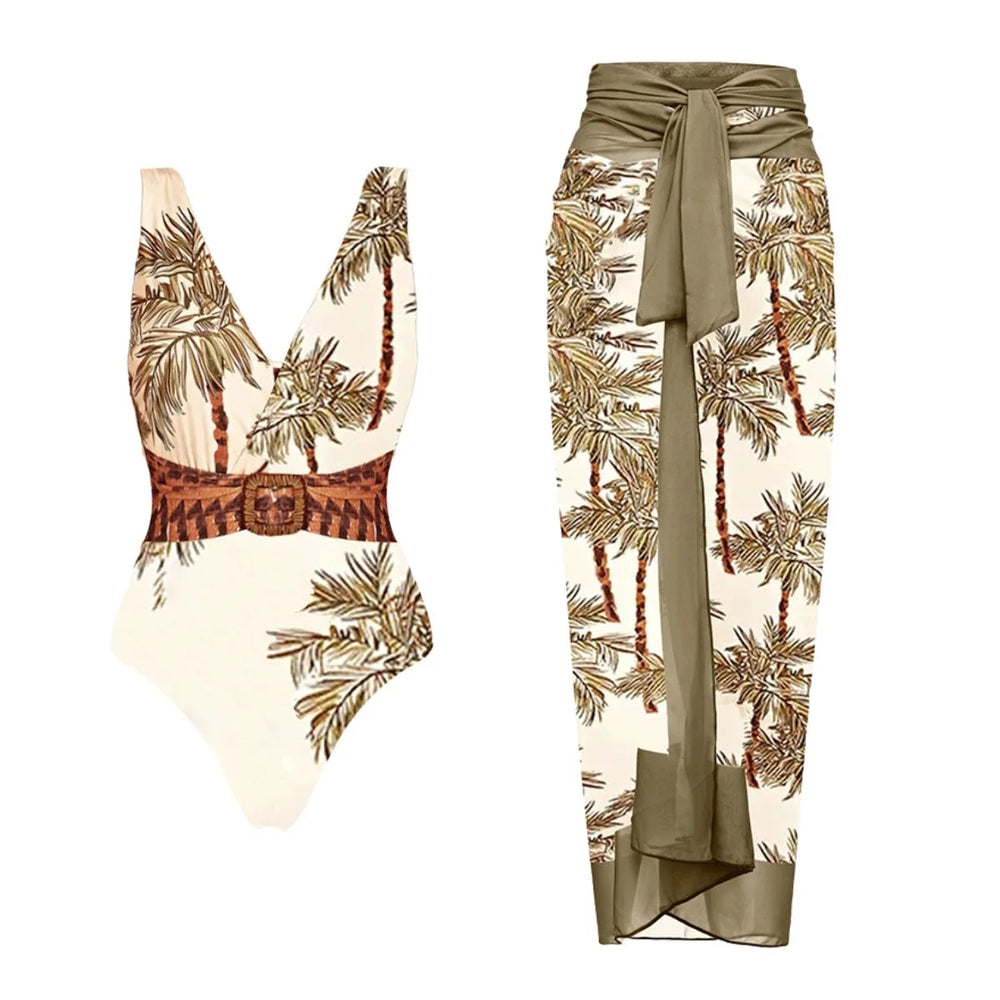 Palm tree print one-piece swimsuit with a decorative belt