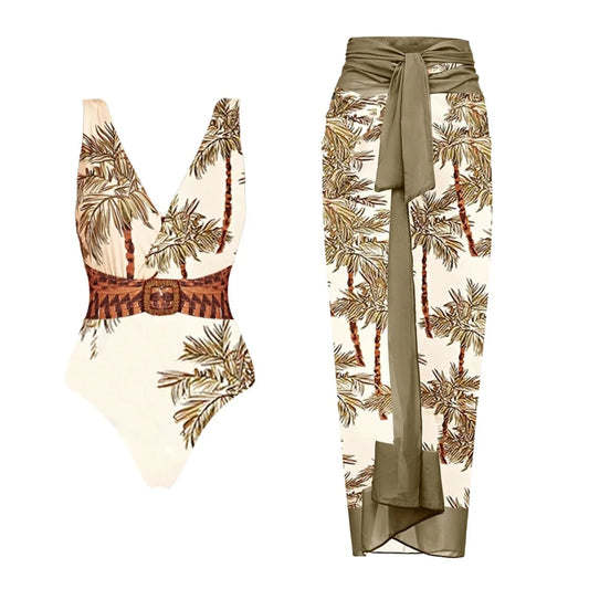 Palm tree print one-piece swimsuit with a decorative belt