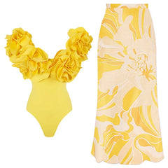 One-Shoulder Swimsuit with Oversized Flower Detail and Matching Printed Sarong Set