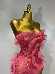 Pink Sheer Strapless Ruffled Diamonds Slit Long Dress