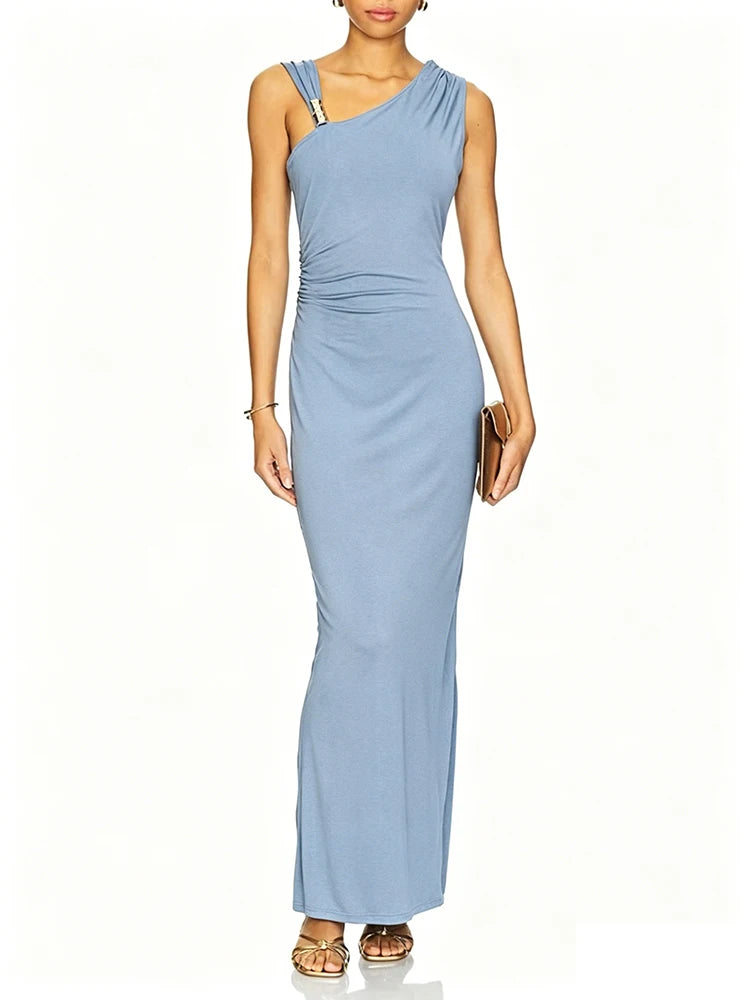 Blue one-shoulder ruched maxi dress with metal accent