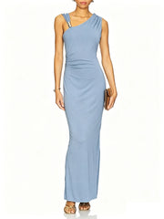 Blue one-shoulder ruched maxi dress with metal accent
