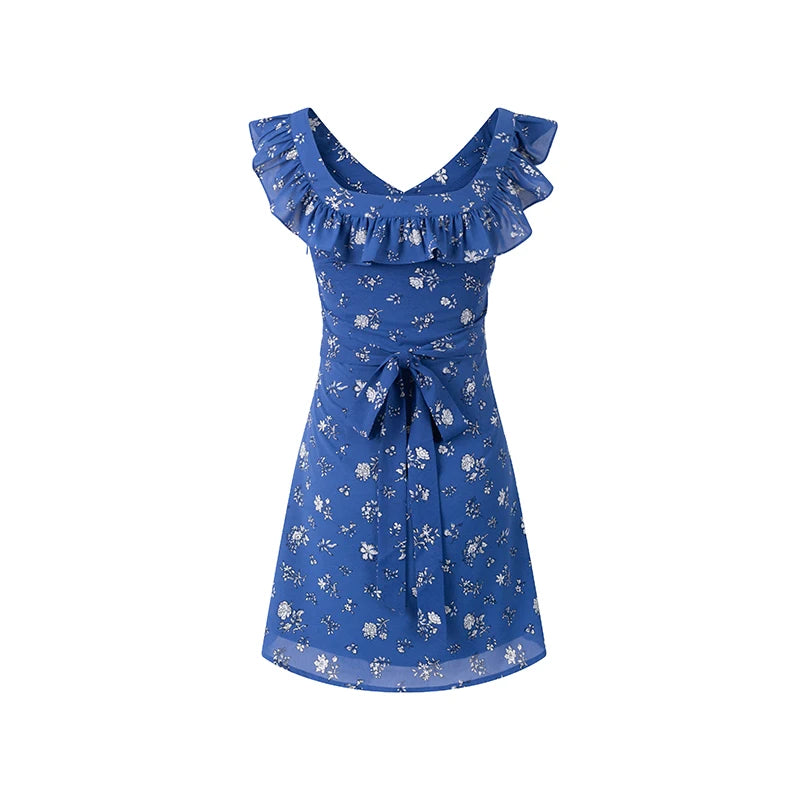 Ruffled V-neck sleeveless A-line mini dress with tie