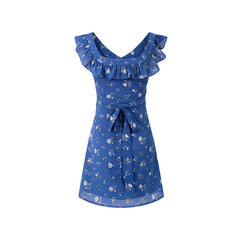 Ruffled V-neck sleeveless A-line mini dress with tie