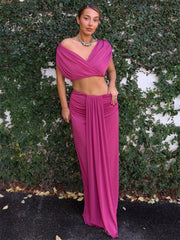 Draped off-shoulder crop top and ruched maxi skirt set