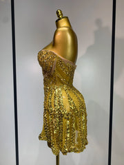 Gold Sequined Strapless Mini Dress