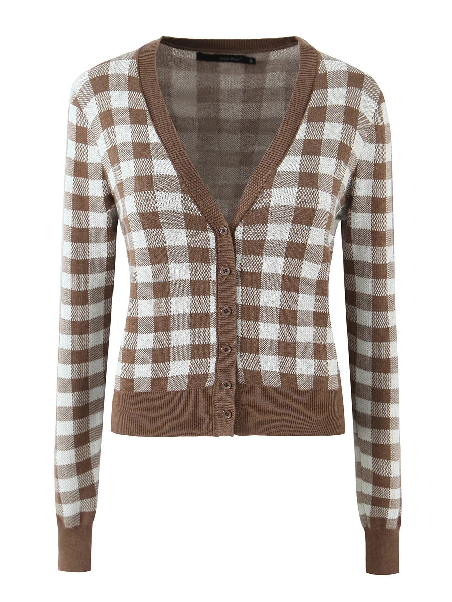 Brown and white checkered cardigan on a white background