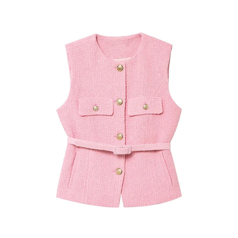 Pink vest with button details on a white background