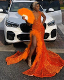 Orange Sparkly Diamond Crystal Feather Slit Prom Gown Dress