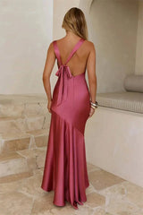 Satin Backless Asymmetrical Hem Maxi Dress
