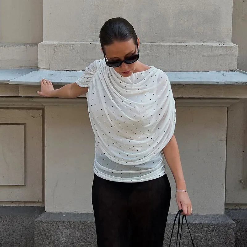 White polka dot mesh ruched top on model