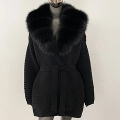 minimalist camel coat with white fur trim