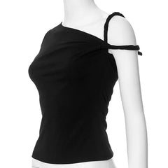Black sleeveless top on a mannequin with knotted straps against a white background