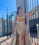 Gold Mermaid Side Slit Beading Sequins Rhinestones Gowns