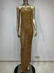 Rhinestone Mesh Embellished Spaghetti Strap Maxi Dress