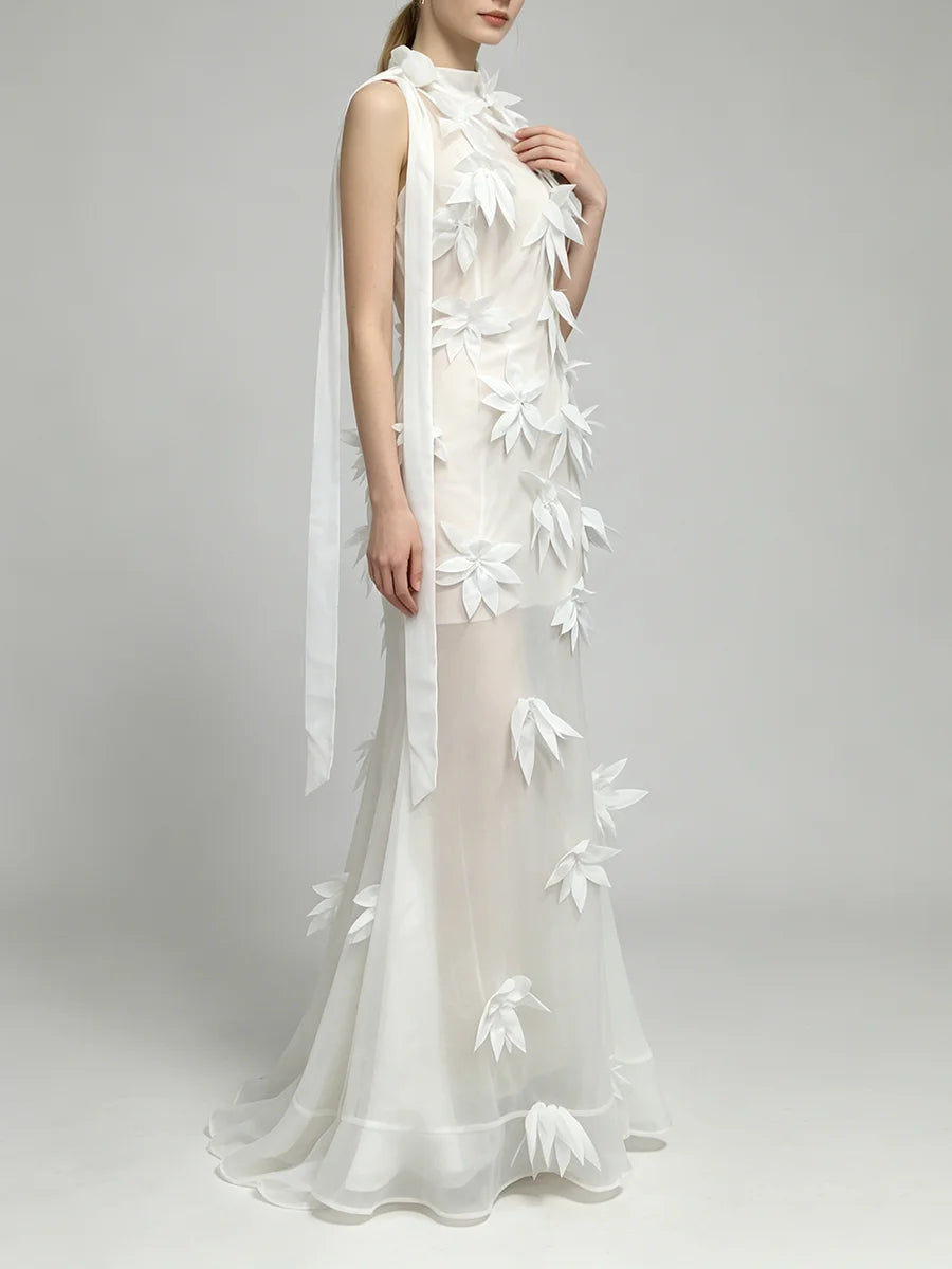 Halter neck sheer floral applique maxi gown side profile