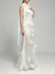 Halter neck sheer floral applique maxi gown side profile