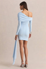 Diagonal Collar Ruched Draped Mini Dress