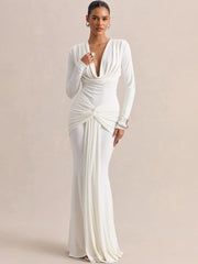 White draped cowl neck long sleeve maxi dress, close-up on front detail