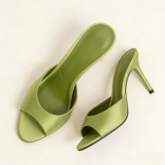 Green satin stiletto heel mules with open toe