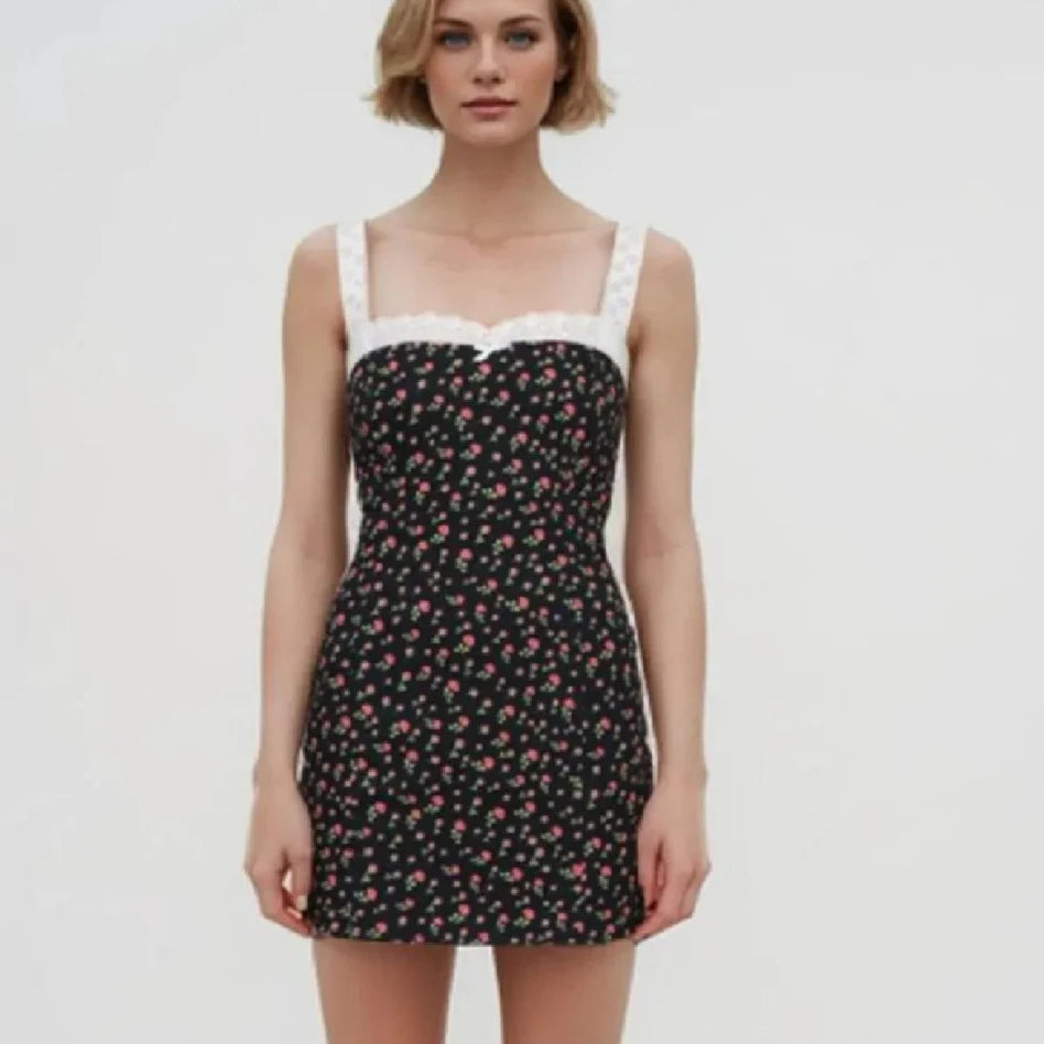 Flower Print Embroidery Lace Slash Collar Mini Dress