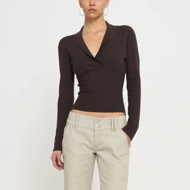 Deep V-Neck Ribbed Knit Top with Collar Detail