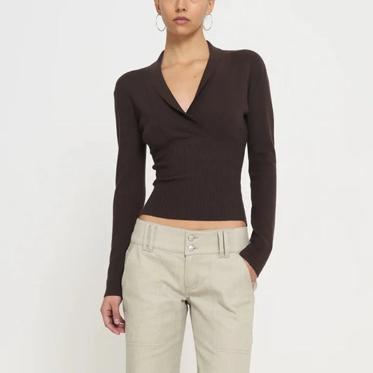 Deep V-Neck Ribbed Knit Top with Collar Detail