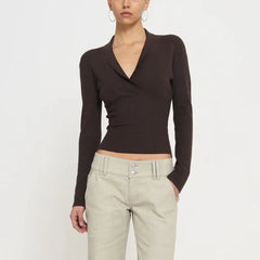 Deep V-Neck Ribbed Knit Top with Collar Detail