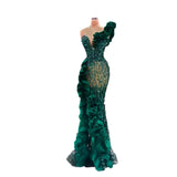 Beaded Ruffles Tulle Prom Dress Glitter Sequins Formal Gowns