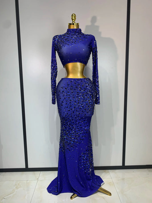 High neck long sleeve cutout rhinestone crop top and floor-length skirt set front view.