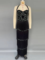 Beaded Halter Neck Fringe Maxi Dress