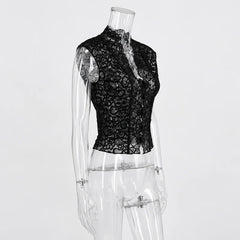 Black Sheer V-Neck Lace Cap Sleeve Top