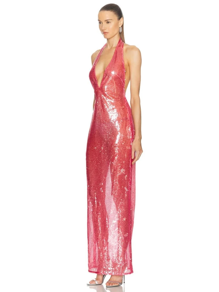 Slim fit halter gown with shimmering sequin surface
