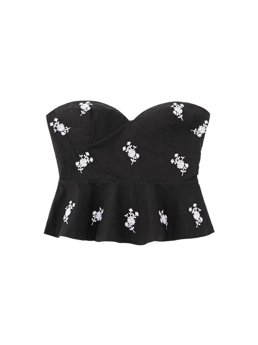 Floral Embroidered Cropped Poplin Side Zipper Bustier Top