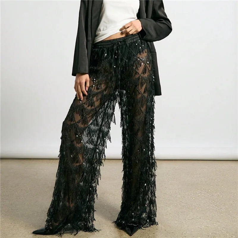 Black sequin wide leg mesh pants