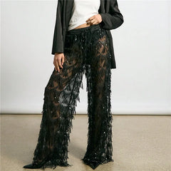 Black sequin wide leg mesh pants