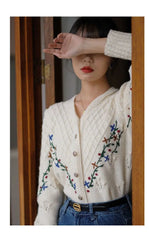 Embroidered floral detail on a knitted puff long sleeve cardigan.