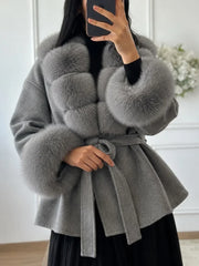 Grey faux fur trim belted jacket
