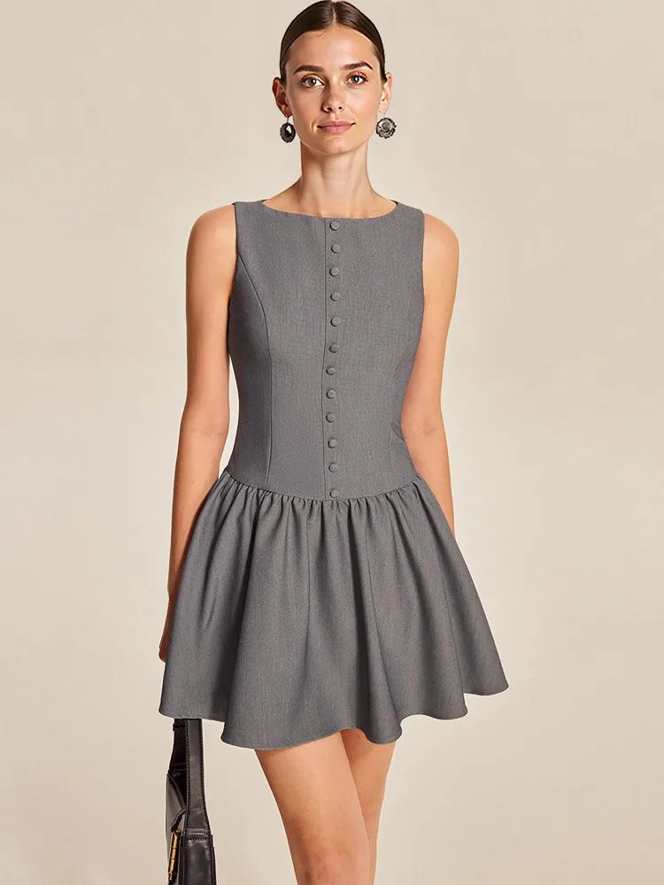 A grey knitted mini Dress with a flared skirt and decorative buttons.