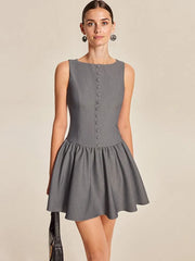 A grey knitted mini Dress with a flared skirt and decorative buttons.